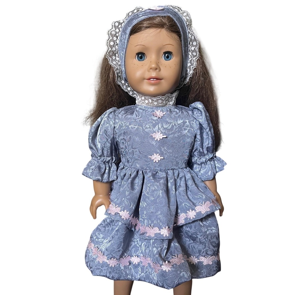 Handmade 18 Inch Doll Blue Floral Brocade Dress and Lace Headband‎ Outfit Set